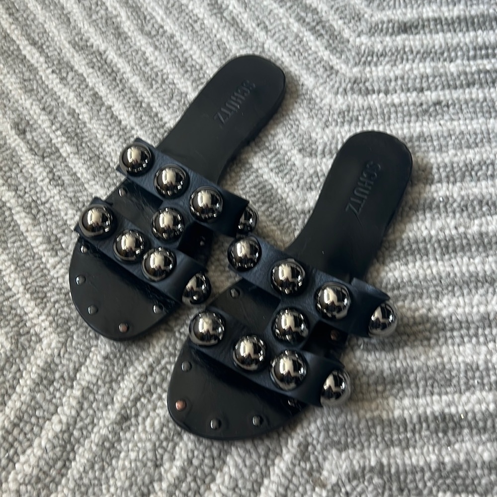 SCHUTZ Black and Silver Studded Sandals
